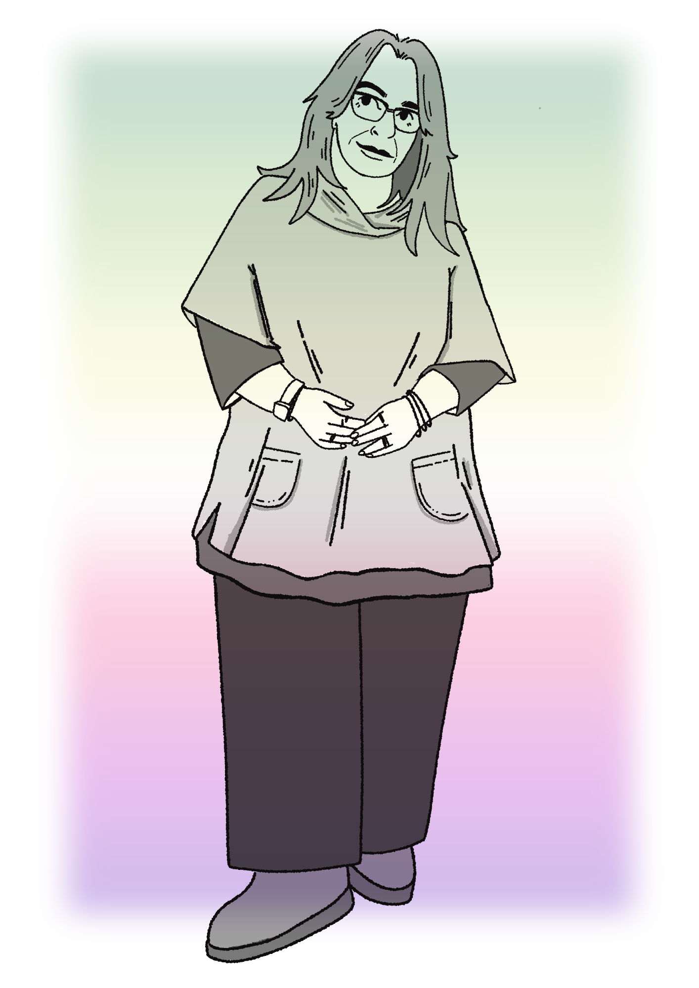 A drawing of Maz on a coloured background.